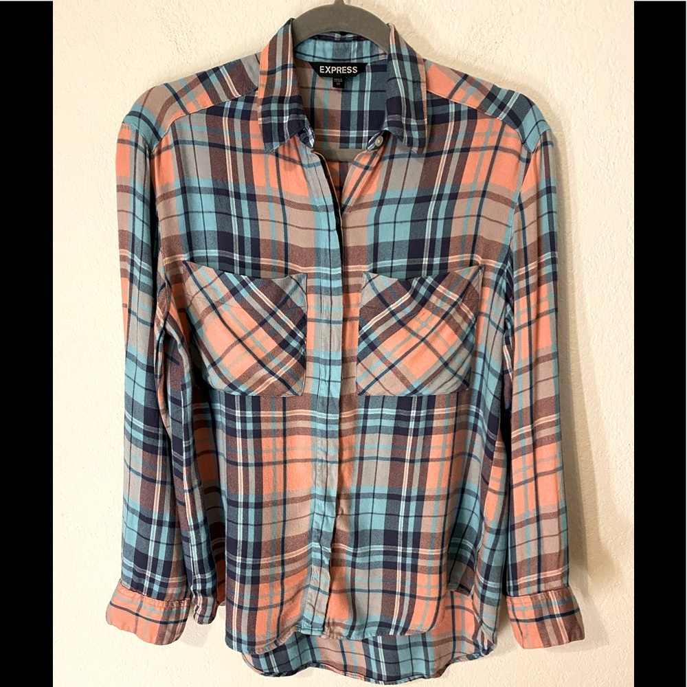 Express plaid flannel button down, coral and blues. Size XS.